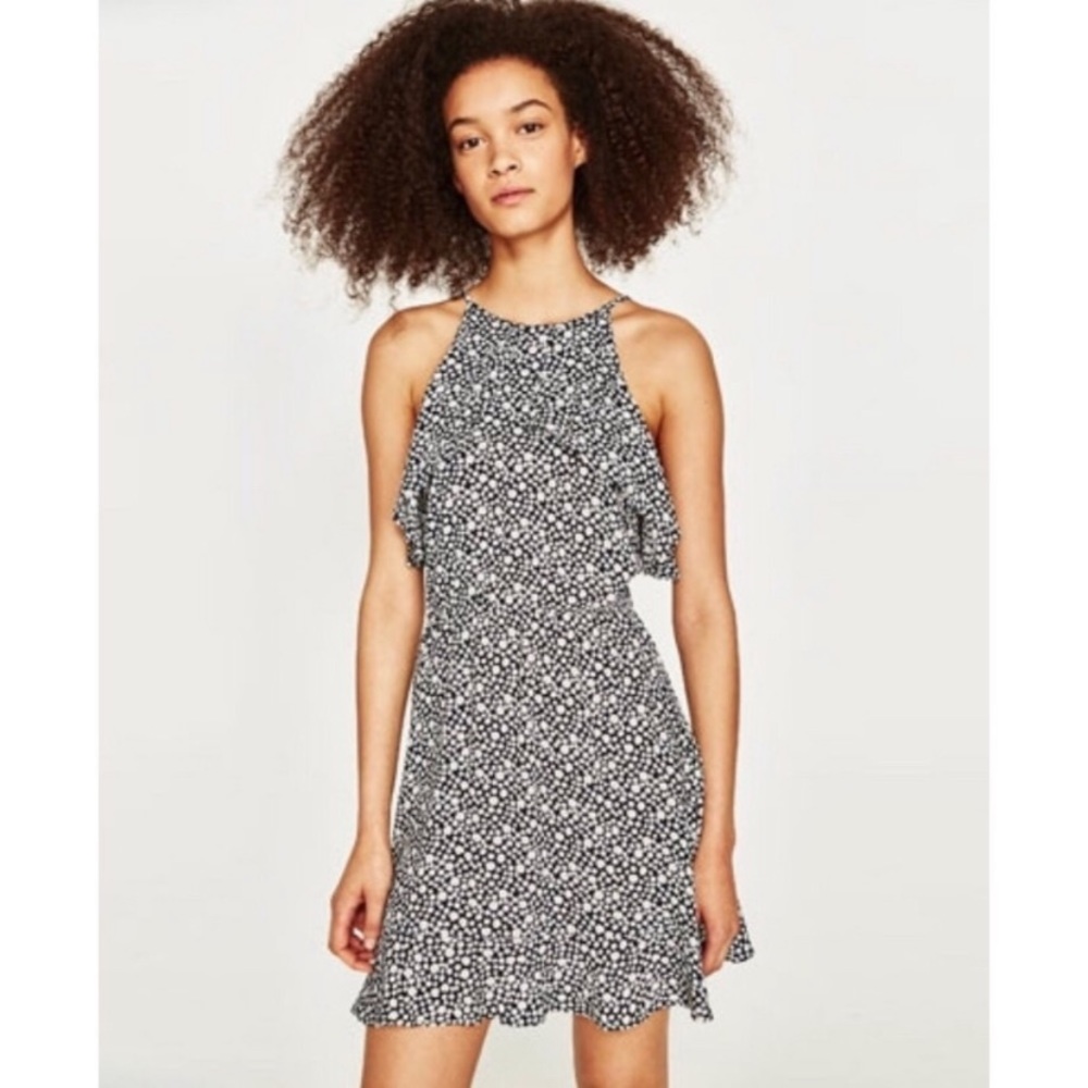 Zara basic black white floral daisies ruffle dress